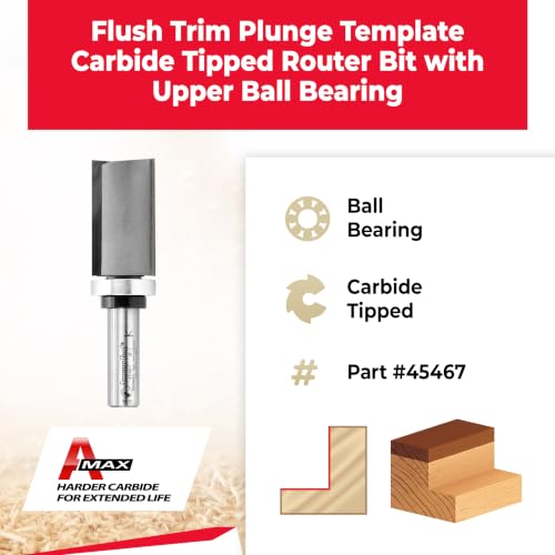 Image of Amana Tool 45467 Carbide Tipped Flush Trim Plunge Template Router Bit 1 Inch Dia x 1-3 /4 x 1 /2 Shank with Upper Ball Bearing