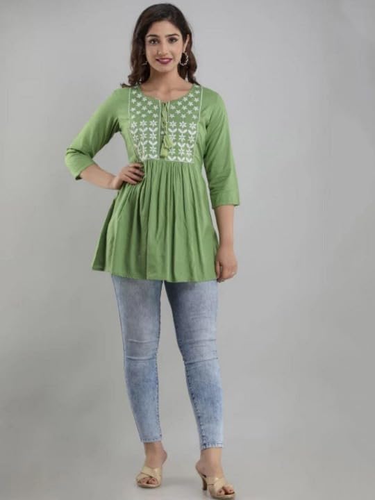 Image of Avayayat Women's Rayon Classic Heavy Embroidery Top with Beautifull Tassels at Front and on Both Sleeves Regular Fit Office Wear Festival Tunic Jeans Summer
