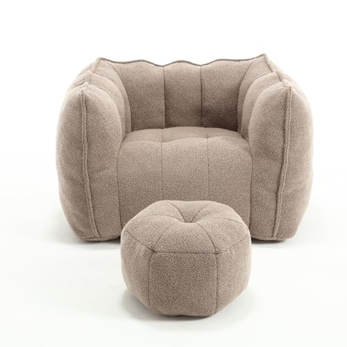 GERRIT Bean Bag Chair with Ottoman, Armrest Bean Bag Couch with Memory Foam, Ultra Soft Chenille Bean Bag Chair with Footrest, Modern Lazy Sofa Chair with Footstool for Living Room ? (Coffee)