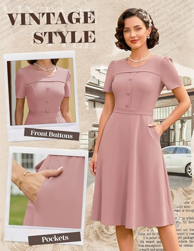 Image of Wedtrend 1950's Vintage Dresses for Women Modest Church Dress with Pockets Short Sleeve Tea Party A-Line Cocktail Dresses