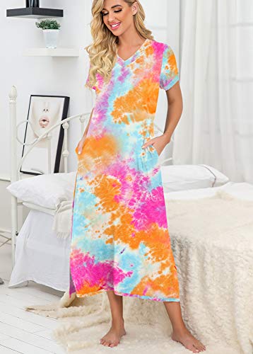 Prinstory Womens Long Nightgown Short Sleeve Nightshirt V-Neck Soft Loungewear Casual Sleepwear With Pockets Colorful Orange-Xx-Large #TOP1