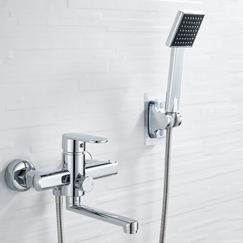 Robinets mélangeurs de bain avec douche et long bec pivotant chromé pour eau chaude froide