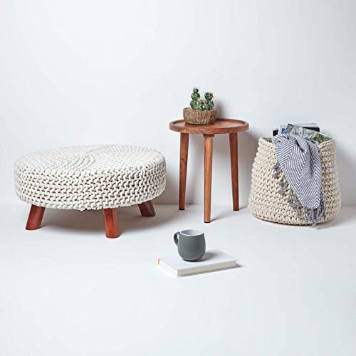 Pouf Tressé Tricot Pieds Bois 62x62cm Homescapes