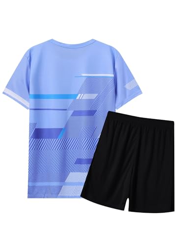 Hansber Kids Boys Girls Athletic Soccer Outfit Short Sleeve Contrast Color T-shirt with Loose Shorts Set Purple 9-10 Years3