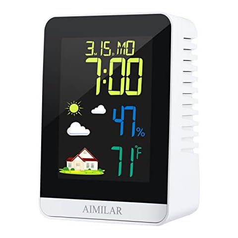 AIMILAR Alarm Clock with Thermometer Hygrometer - Color Screen Indoor Temperature Humidity Monitor Gauge White with Weather Display Digital Clock with Alarm Snooze USB Cable Big Cover