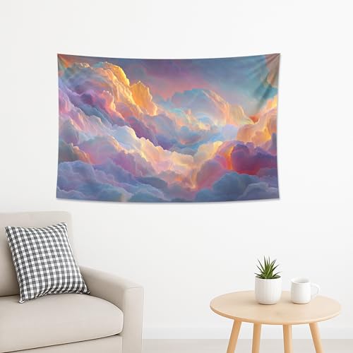 Dreamy Clouds Colorful Tapestry, Pastel Peach Violet Decorative Wall Hanging, Aesthetic Tapestries for Bedroom, Living Room, Dorm, Relaxing Home Decor 60x40 Inch