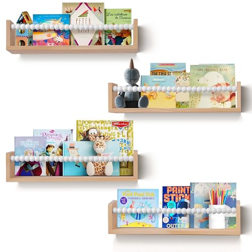 Image of TUEGEGNS Nursery Shelves Set of 4,White Floating Book Shelves for Wall,Nursery Book Shelves for Kids Room,Kids Bookshelf (Set of 4 White)