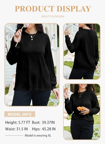 Eytino Plus Size Tops for Women Crewneck Textured Long Sleeve T Shirts Solid Casual Loose Basic Blouses(1X-5X)3
