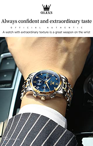 Image of OLEVS Men's Business Watch With Date, Luminous Quartz Movement, Waterproof Stainless Steel Strap, Stopwatch Timing Function - Silver Band, Gold Case, Blue Dial, Classic