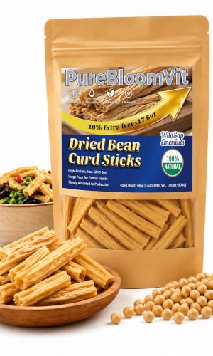 WildSap Emeralds Dried Bean Curd Sticks (17.6 oz - 500g) - Non-GMO Natural Yuba Tofu Skin Skinny Beancurd Rolls, Plant Based High Protein Food for Everyday Cooking