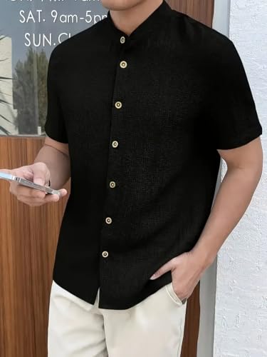 Image of Men's Solid Textured Half Sleeve Shirt with Stylish Buttons | Band Collar Casual Shirt for Summer Wear