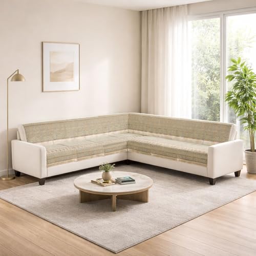 Image of Elegant Woven Green Sofa Cover - Soft Chenille Traditional Pattern with Lace Style | L-Shape Sectional Seat Protector for Living Room | Durable & Stylish Slipcover 6 Seater L Shape