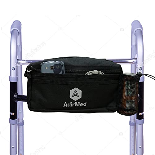 adirmed walker bag and wheelchair tote bag | folding and rolling walkers side pouch| rollator accessories | walker basket - black