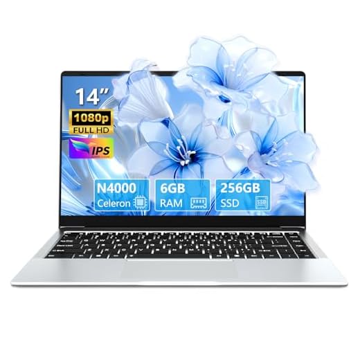 Moacreto Ordinateur Portable 14,1 Pouces 6 Go RAM 256 Go SSD Celeron N4000, PC Portable écran pivotant à 180°, avec Mini-HDMI, 2*USB 3.0, Batterie 5000 mAh, Argent, Fin et léger Laptop
