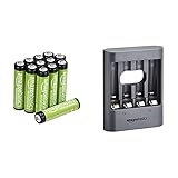 AmazonBasics Pilas AAA Recargables, precargadas, Paquete de 12 (el Aspecto Puede Variar) + Cargador de Pilas USB, Color Negro