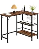 CHOEZON L-Shaped Bar Table, Bar Height Table, Kitchen Bar Table with Wine Rack, Glass Holder and Storage Shelf, Industrial Style, for Dining Room, Living Room, Pub, Rustic Brown and Black TBT01BF