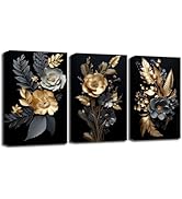 CXHOSTENT Black and Gold Flowers Wall Art 3 Pieces Golden Floral and Leaves Canvas Prints Abstrac...