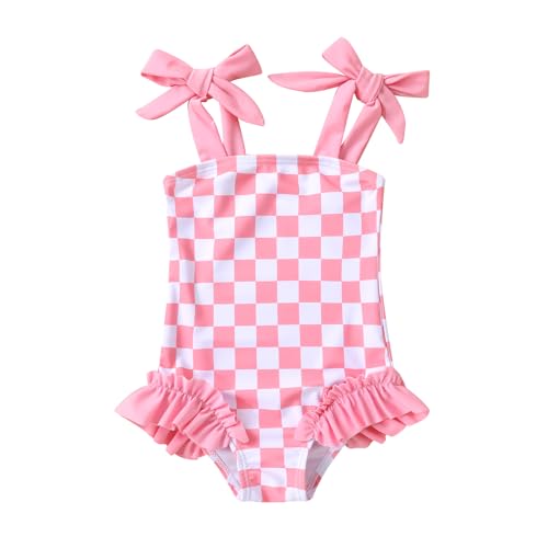 Happy Town Toddler Baby Girl Swimsuit Color Block One Piece Bathing Suits Summer Beach Swimwear(4-5T,Pink Checkerboard)