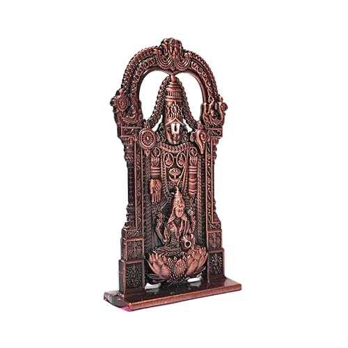 Image of anciently Tirupati Balaji Idol with Lakshmi for Car Dashboard | Venkateswara Idol with Lakshmi for Car Dashboard, Metal, 1 Piece (Copper Colour)
