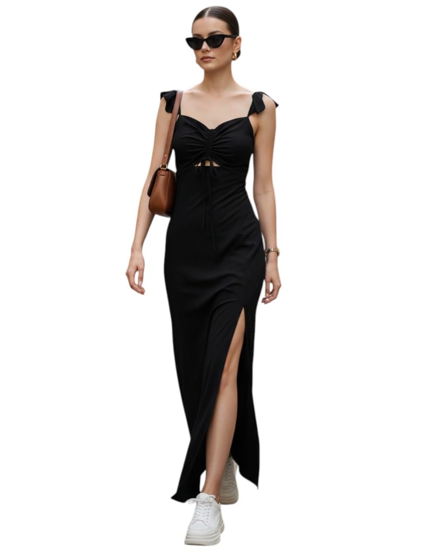 Women’s Bodycon Maxi Dress with Sweetheart Neck, Shoulder Ruffle Sleeves & High Side Slit – Party Dress-image-16