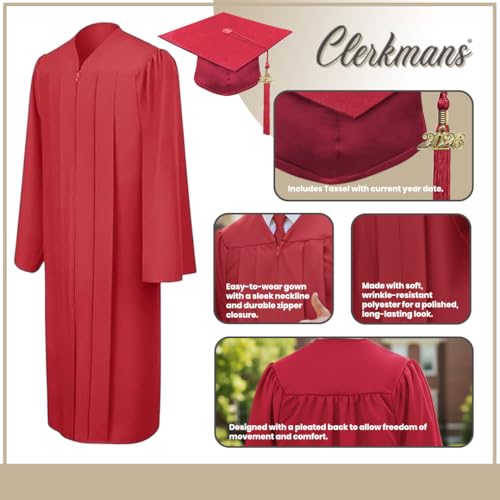 Image of CLERKMANS Unisex Matte Graduation Cap Gown Tassel Package, High School and University