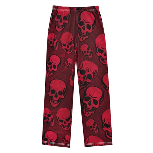 Red Skull Print Boys Long Pants Soft Trousers Elastic Waist Kids Lounge Bottoms with Pockets S-XL