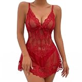 NWDEY Women's Sexy Lingerie Sets Naughty Lace Babydoll Chemise and Thong 2 Piece Sleepwear Outfit Perfect for Valentine's Day (Red, XXL)