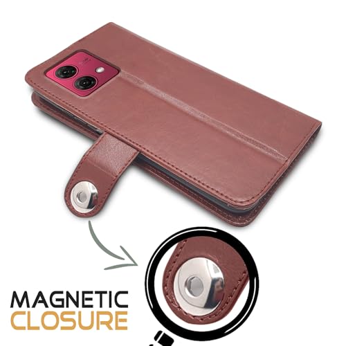 Image of Pikkme Motorola G84 5G Flip Cover Leather Finish | Wallet Stand and Shock Proof | Inside TPU with Card Pockets | Complete Protection Button Flip Case (Brown)