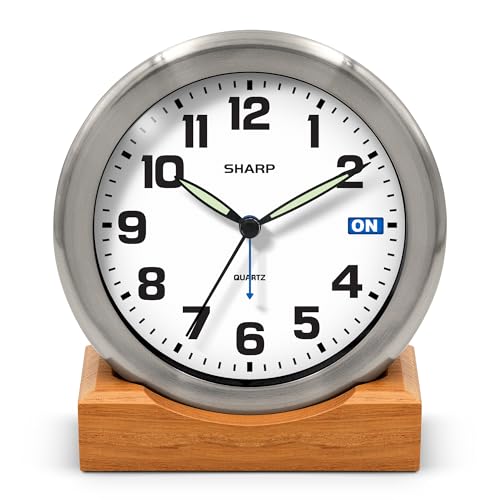Sharp Silent Sweep Quartz Analog Desk Clock with Alarm Status Indicator on Dial, Brushed Metal Clock with Genuine Wood Stand, Great Gift for Home or Office