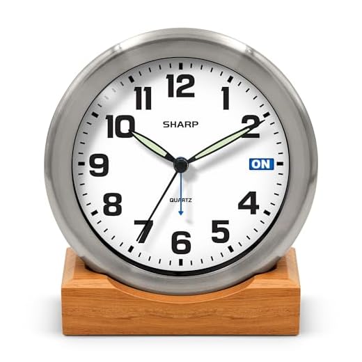 Sharp Silent Sweep Quartz Analog Desk Clock with Alarm Status Indicator on Dial, Brushed Metal Clock with Genuine Wood Stand, Great Gift for Home or Office
