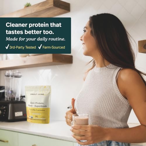 Image of Sprout Living Epic Protein, Plant Based Protein & Superfoods Powder, Vanilla Lucuma Powder | 20 Grams Organic Protein Powder, Vegan, Non Dairy, Non-GMO, Gluten Free, Low Sugar (1 Pound, 12 Servings)