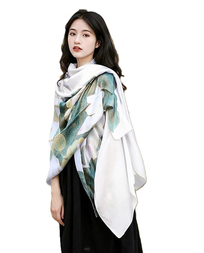 Image of Alexvyan Satin Silk Summer Scarves 170 x 84 cm, Floral Print Green and Off White Colour with Stitched Border, Lightweight Fashion Scarf for Women Sun Protection Stole
