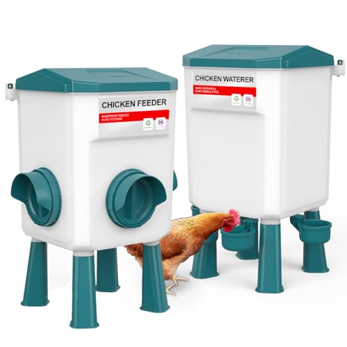 DEZHXHE Chicken Feeder and Waterer Set, Chicken Coop Accessories with Hanging Chickens Poultry Feeder and Chicken Waterer Kit No Waste, 3 Gallon/26 Pounds, Blue
