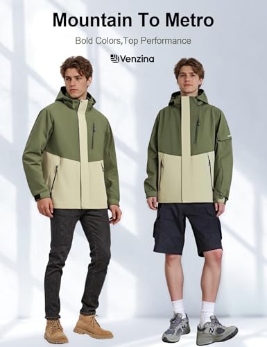 Image of Venzina Men's Waterproof Rain Jacket-Lightweight Windbreaker with Color Block Design, Breathable for Urban Outdoor, Daily Commuting I Fashion Unisex Couple Jacket