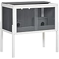 PawHut Wooden Hamster Cage, Small Animal Hutch for Dwarf Hamsters, Gerbils, Rutin Chickens w/Huts, Shelf, 82 x 45 x 81cm - Dark Grey
