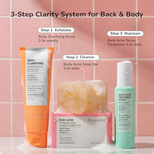 Image of BellamiLuxx 3-Step Back & Body Acne Treatment Set - Body Acne Soap Bar, Exfoliating Scrub & Bacne Spray - For Body Bumps, Congestion & Breakouts - For Back, Chest, Shoulders