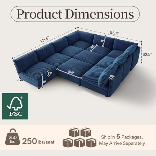 Image of Oversized Corduroy Modular Sectional Sofa Bed with Hidden Storage, Convertible L U Sleeper Couch, Modular Sofa 10 Seat Free Combination with Ottoman & Removable Covers for Living Room, Blue