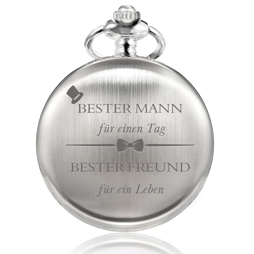 TREEWETO Reloj de Bolsillo Personalizado Grabado   Cuarzo Fobwatch Para Mejor Hombre, Novio, Padrino de Boda   Regalo de Boda, Plata