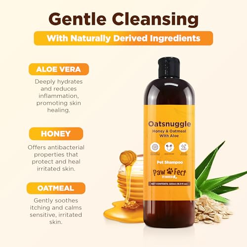 Image of Honey & Oatmeal 16.9 oz Pet Shampoo for Dogs, Natural Formula with Colloidal Oatmeal, Aloe & Honey - Relieves Itchy Dry Skin, No Sulfates or Parabens, Gentle, Chamomile Scented