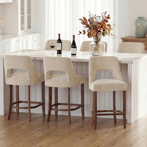 Image of UVV Bar Stools Set of 6, Upholstered Counter Height Bar Stools, Modern Counter Stools with Wood Legs for Kitchen Island Dining Room Bar, Beige