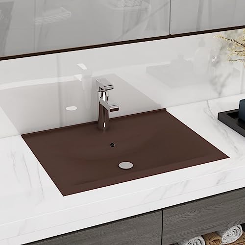 Lavabo de Cerámica con Orificio para Grifería, Diseño Rectangular Mate, Fregadero para Baño o Aseo, Color Marrón Oscuro, Instalación Empotrada o Pared, 60x46x16 cm