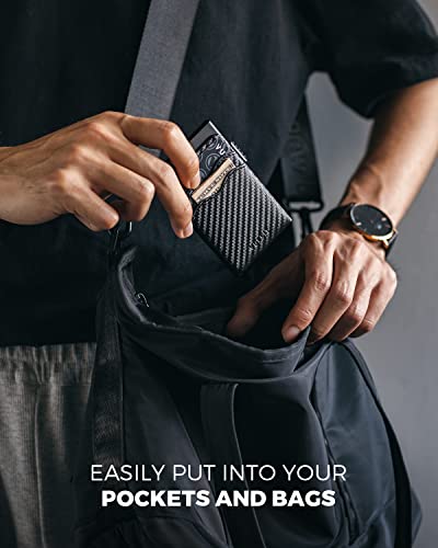 Image of VULKIT Credit Card Holder Minimalist Slim Pop Up Wallet with Leather Slots RFID Blocking for Men and Women Holds 7 Cards and Notes Carbon Fiber