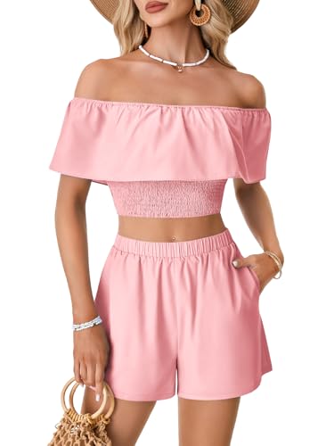 LYANER Women's 2 Piece Outfits Off Shoulder Ruffle Sleeve Shirred Crop Top Wide Leg Shorts Set