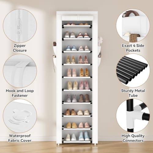Image of ROJASOP Shoe Rack with Covers 10 Tier Large Shoe Organizer Tall Shoe Closet Storage for 20-22 Pairs Shoe and Boot, Free Standing Shoe Rack Organizer for Closet, Entryway, Bedroom, White