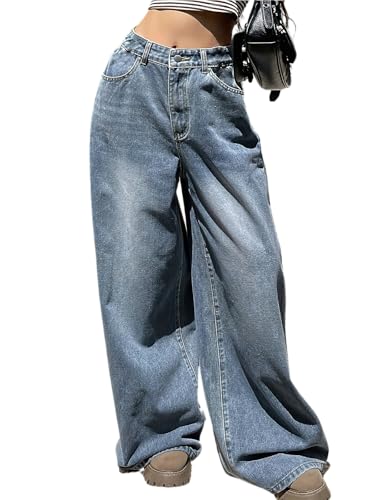 ebossy Women's Casual Loose Barrel Jeans High Waist Inspired Wide Leg Horseshoe Long Denim Pants with Pockets