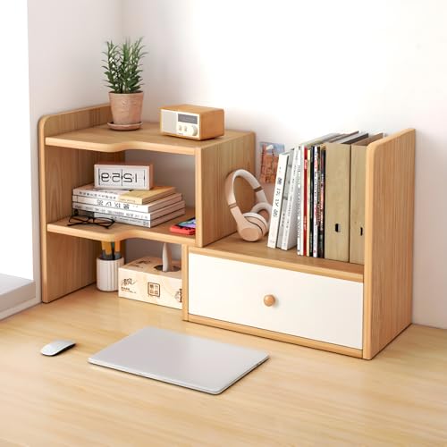 Fohome Desktop Shelf Bookshelf with Drawer Desktop Shelves Storages Organizer Desk Organizers Shelf with Drawers Shelves Rack Storage Organizer Wood Countertop Bookcase Storage Display Rack(Wood)
