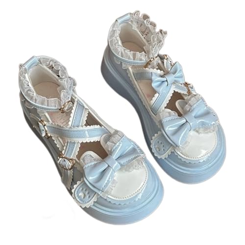 Cute Mary Jane Shoes for Women Round Toe Chunky Platform Cross Strap Ribbon Bow Lace Bunny Leather Lolita Kawaii Aesthetic
