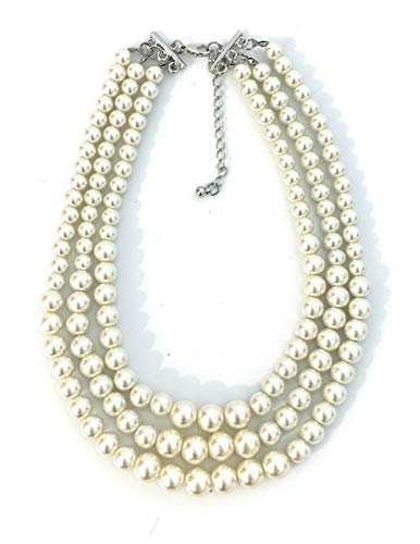 Caprilite Womens Faux Pearl 3 Layer Multi Strand Necklace Statement Bib Bead (Cream Ivory)