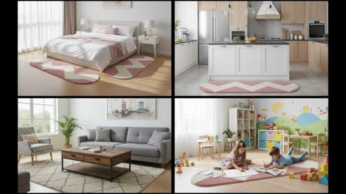 Image of Fluffy Silky Micro Fiber Polyster Carpet /Runner for Bedroom, Study Room, Playing Room, Guest Room ETC. 5x7 feet Feet, (Pink and Ivory Chevron Pattern)