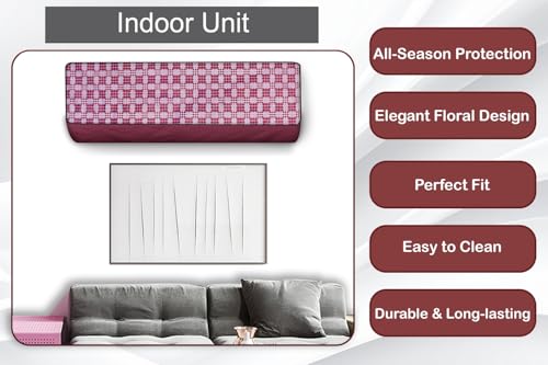 Image of The Furnishing Tree Split AC cover for indoor and outdoor unit of 1 ton waterproof and dustproof Maroon different check pattern